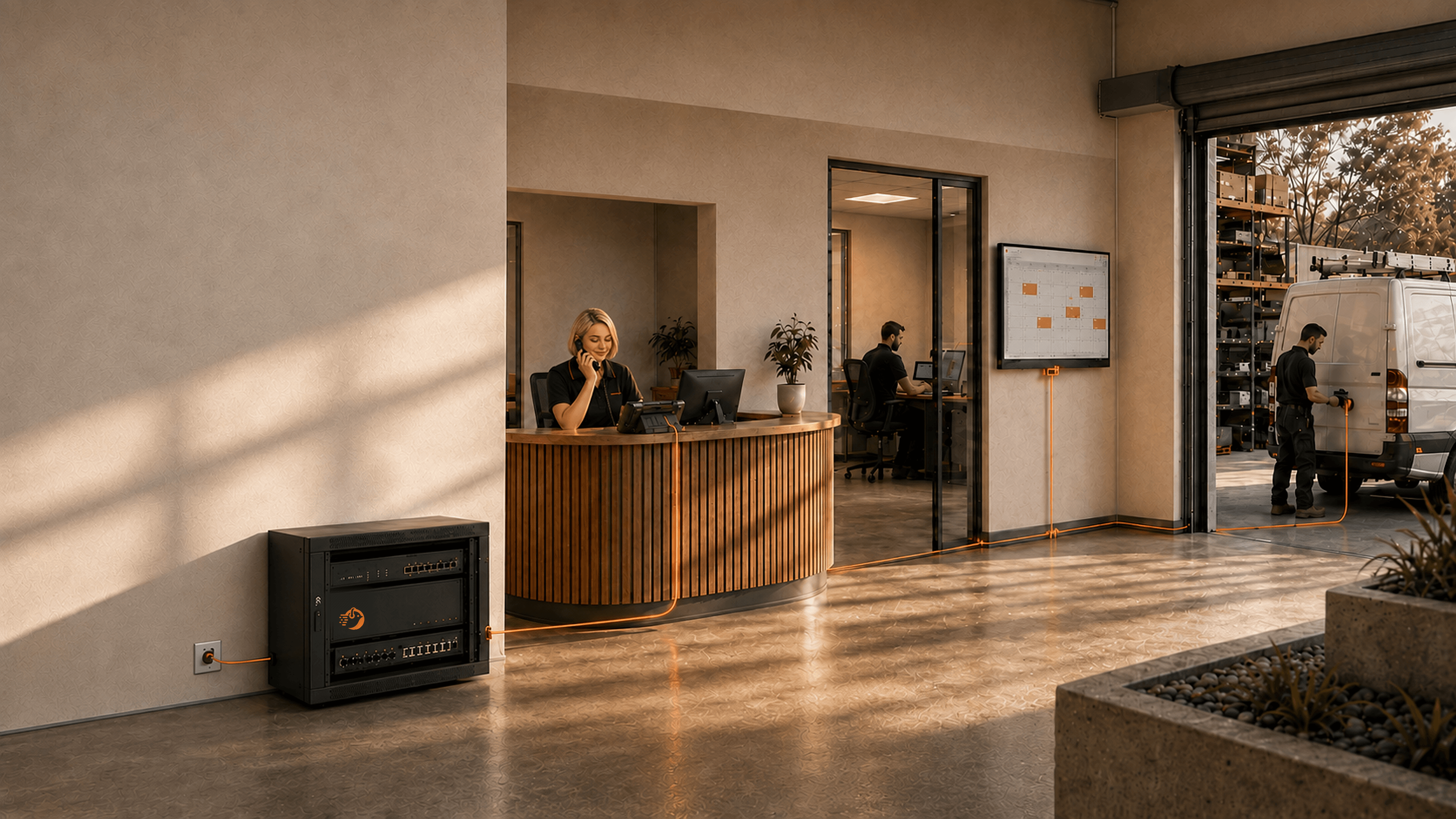 A service-business reception, office and field team connected by Chirp